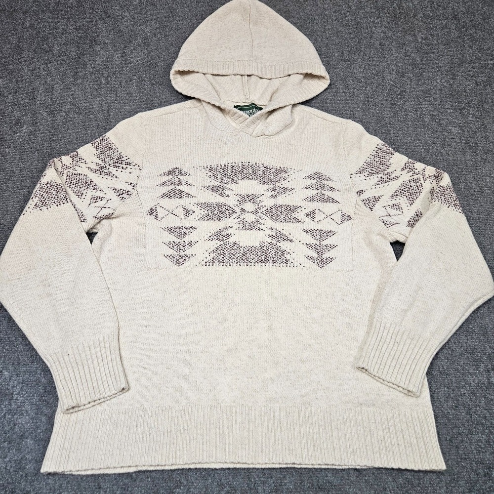 American Eagle Hoodie Sweater Mens L Cream Southwestern Knit Pullover Boho Aztec